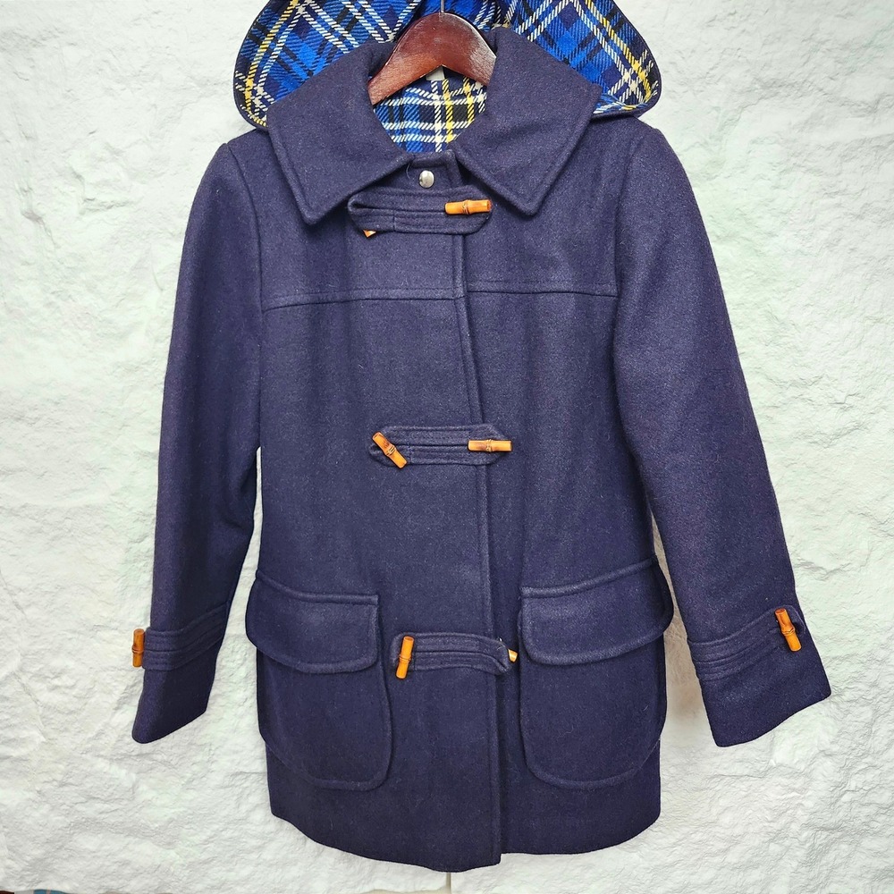 Vintage 70s Wool Duffle Coat Montgomery Ward Navy Hooded Tartan Plaid Lined